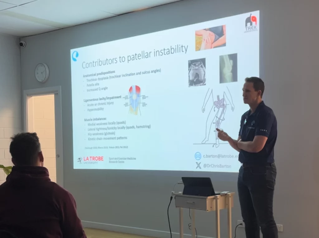 Prof Christian Barton's presentation at the PFJ Masterclass event in Richmond, discussing contributing factors to patellofemoral joint instability.