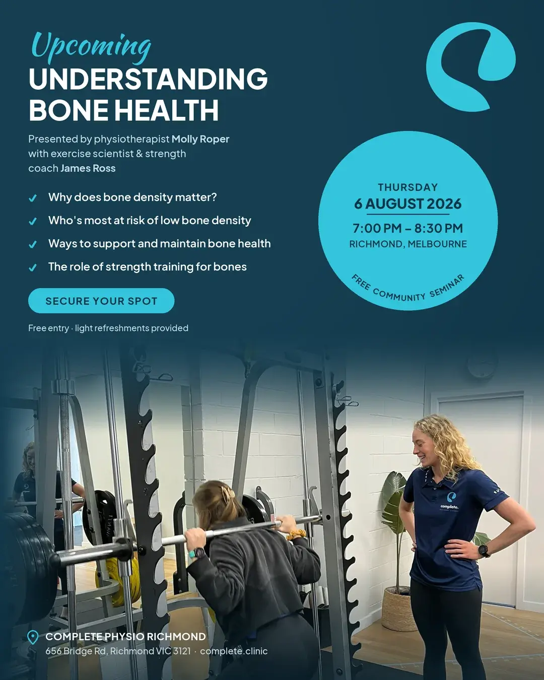 Understanding Bone Health free community seminar at Complete Physio Richmond, with a physiotherapist guiding a client through a barbell squat in the clinic gym. Thursday 6 August 2026, 7:00 to 8:30 PM, 656 Bridge Rd, Richmond.