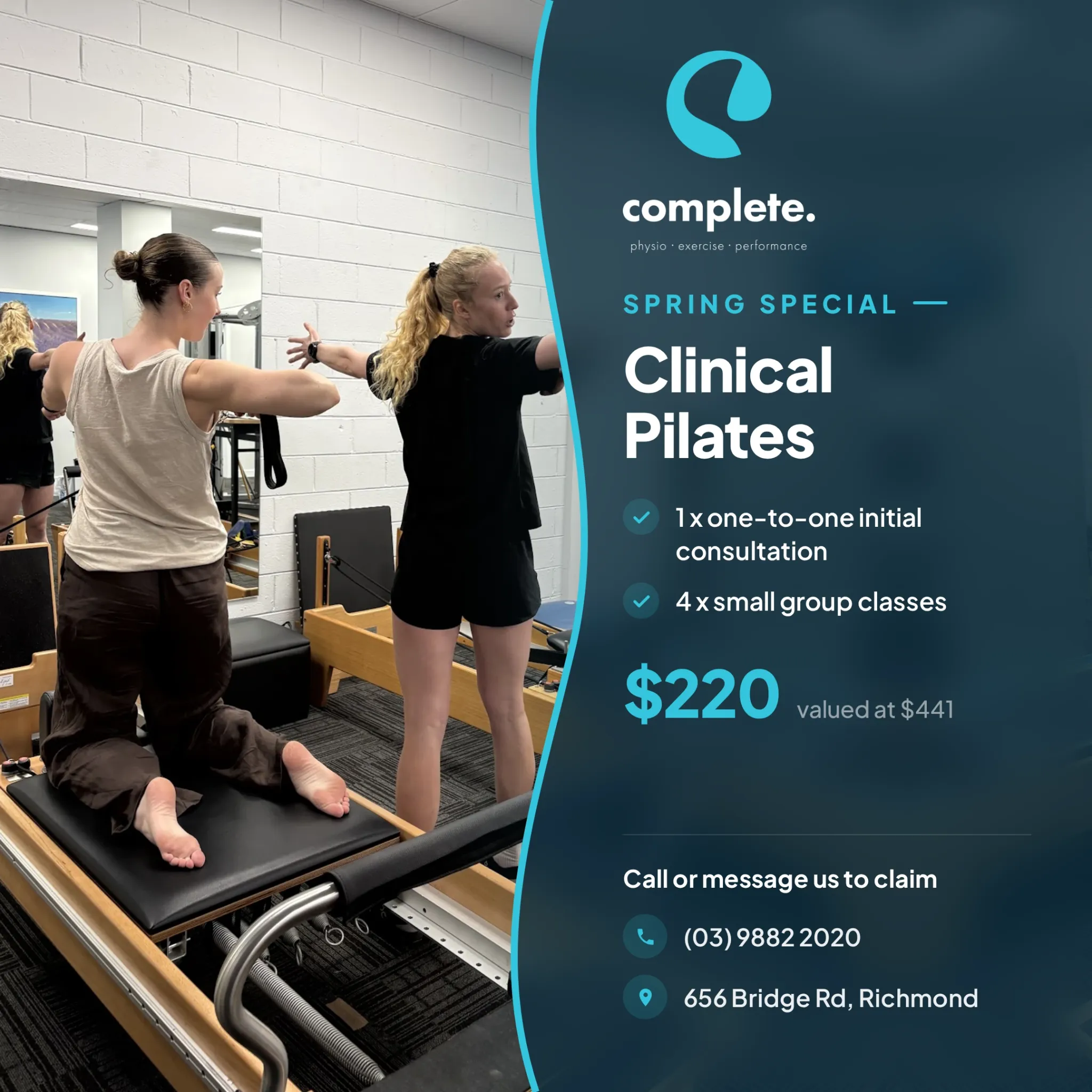 Complete Physio Spring Special Clinical Pilates offer with one-on-one consultation and four small group classes for $220